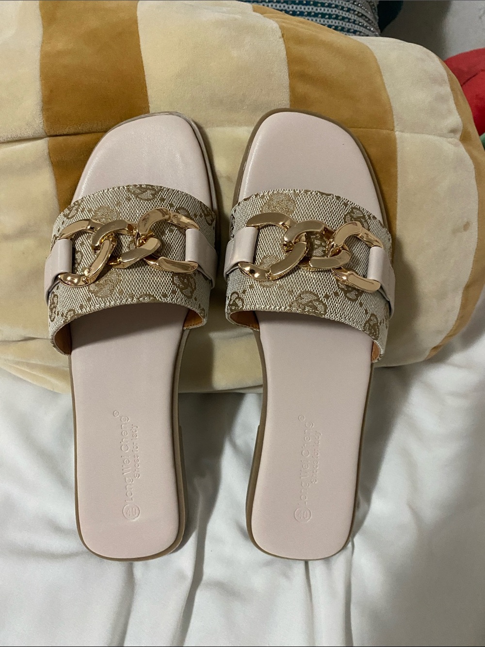 Women's Neutral Chain-Trim Slide Mules in Light Beige